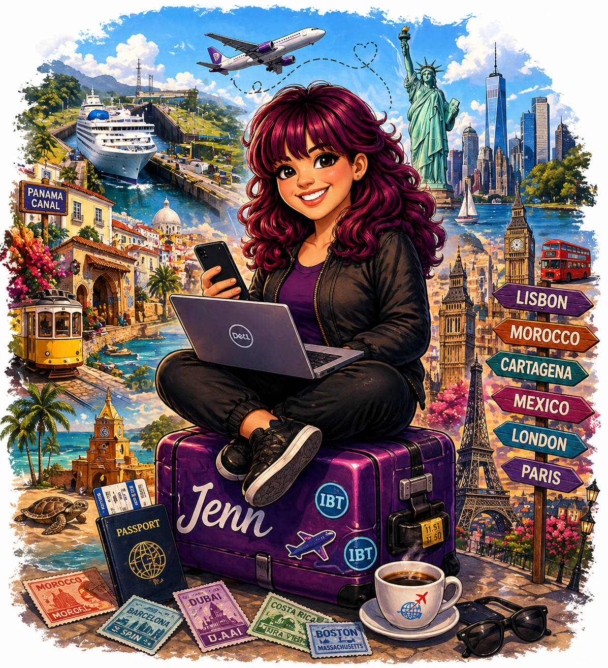 Illustrated portrait of Jennifer Naranjo with her laptop and travel suitcase
